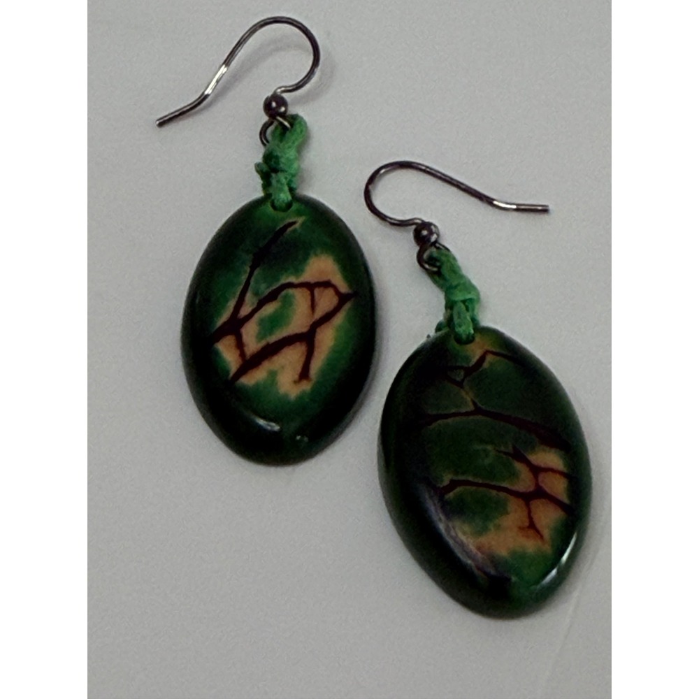 Green Tagua Nut Dangle Earrings Hand Carved Vegetable Ivory Boho Oval Drops